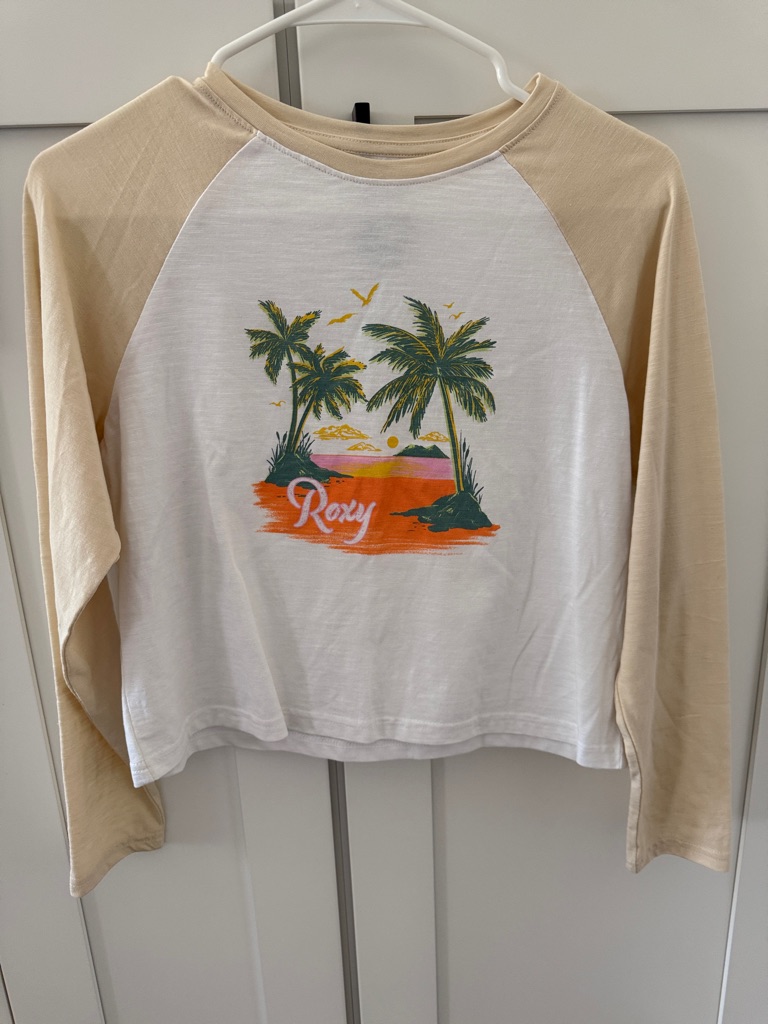 Roxy White Tee With Beige Raglan Sleeves And Tropical Palm Graphic